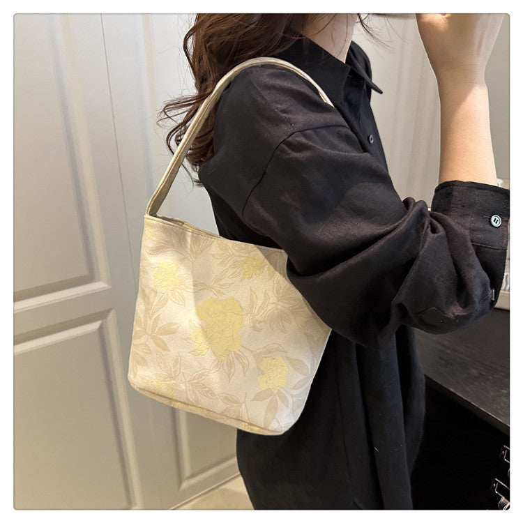 Lady's New Chinese Style Starlight Dream Tote Bag Black Shoulder Bag Embroidered Flower Vintage Handbag