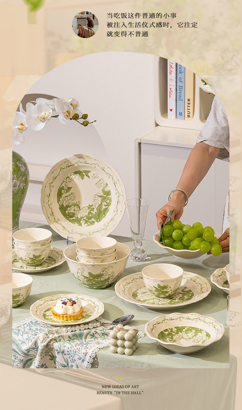 Lily of the Valley Bowl and Plate Set Household Ceramic Tableware Set Pastoral Style High-Value Underglaze Color Vegetable Plate Soup Plate Bowl and Chopsticks