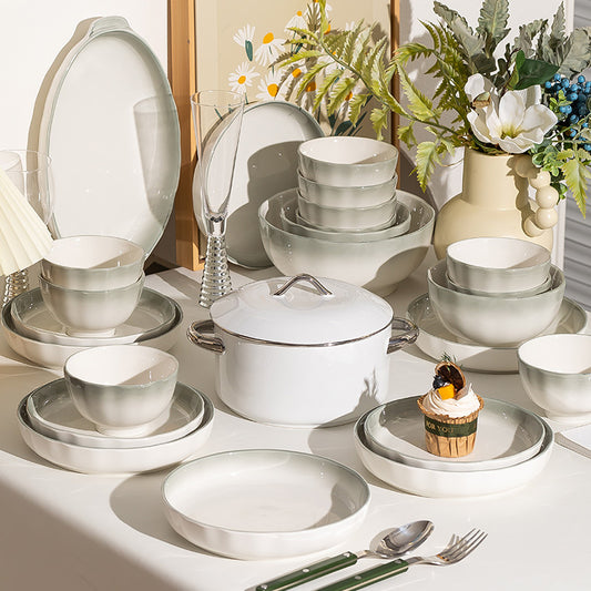 Nordic Style Gradient Color Bowl and Plate Set for Home Use, Thickened Lace Ceramic Tableware, Bowl and Plate Combination, Underglaze Color Bowl Set