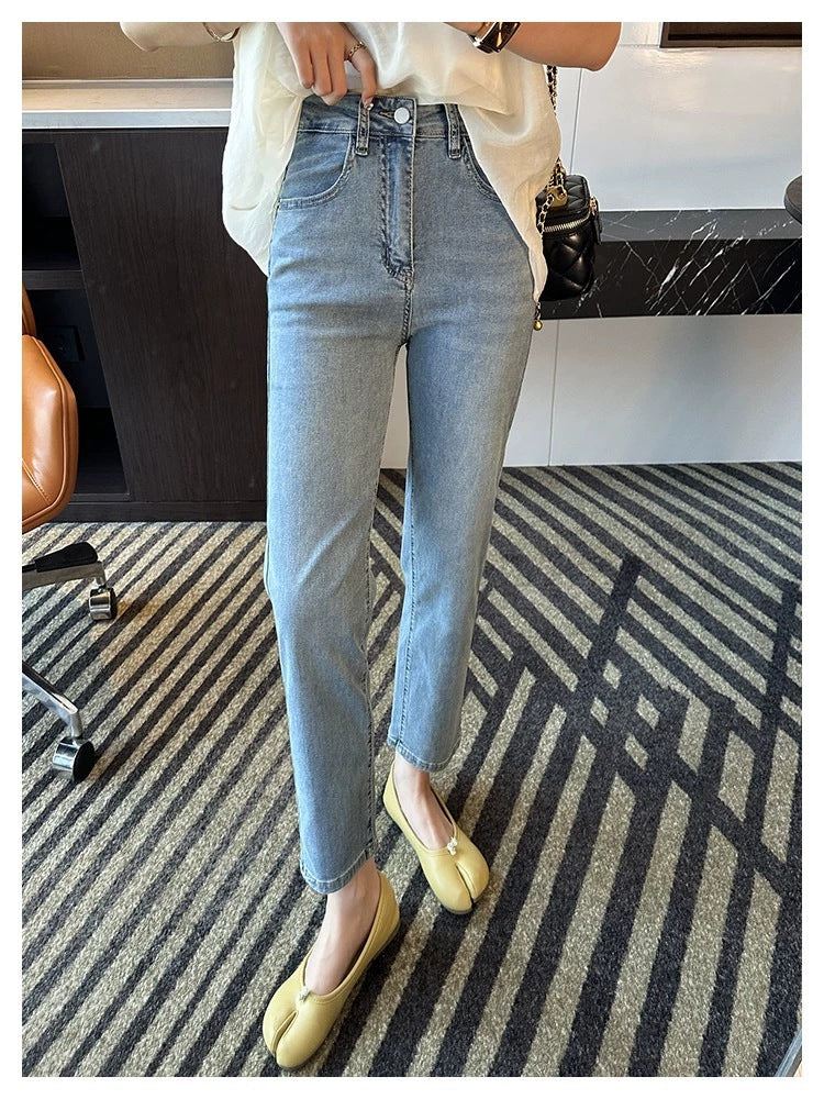Thin and Soft Mask Pants！Summer Thin Jeans for Women Slimming Petite Nine-point Narrow Straight-leg Pants