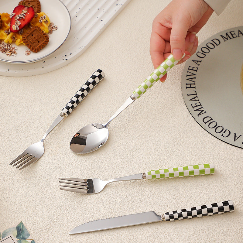 ins Checkerboard Pattern Western Steak Knife and Fork Ceramic Handle Stainless Steel Fork Spoon Dessert Cutlery Set Three-Piece Set
