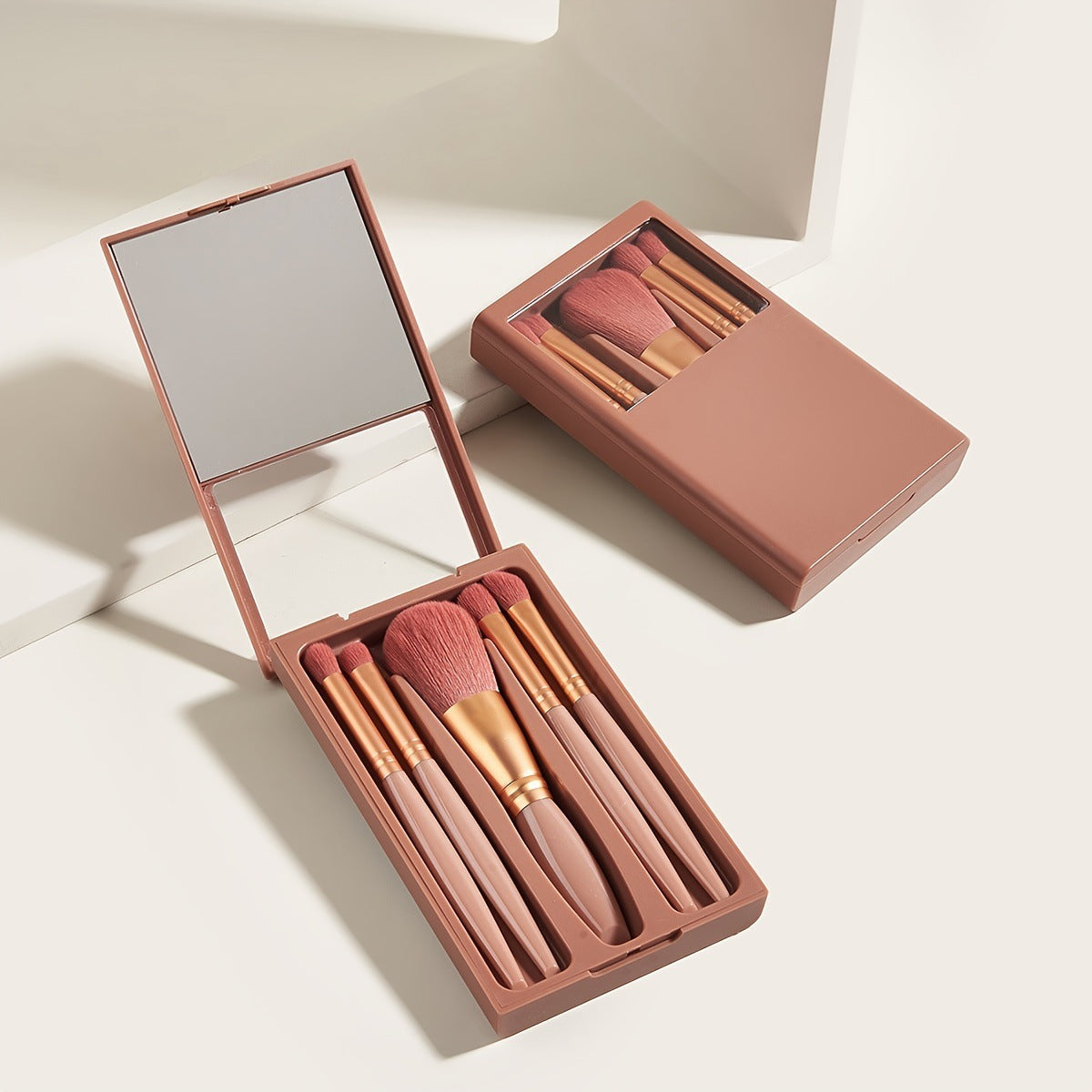 New5Mirror Box Makeup Brush Set with Window Mirror Eye Shadow Soft Bristles Affordable Portable Morandi