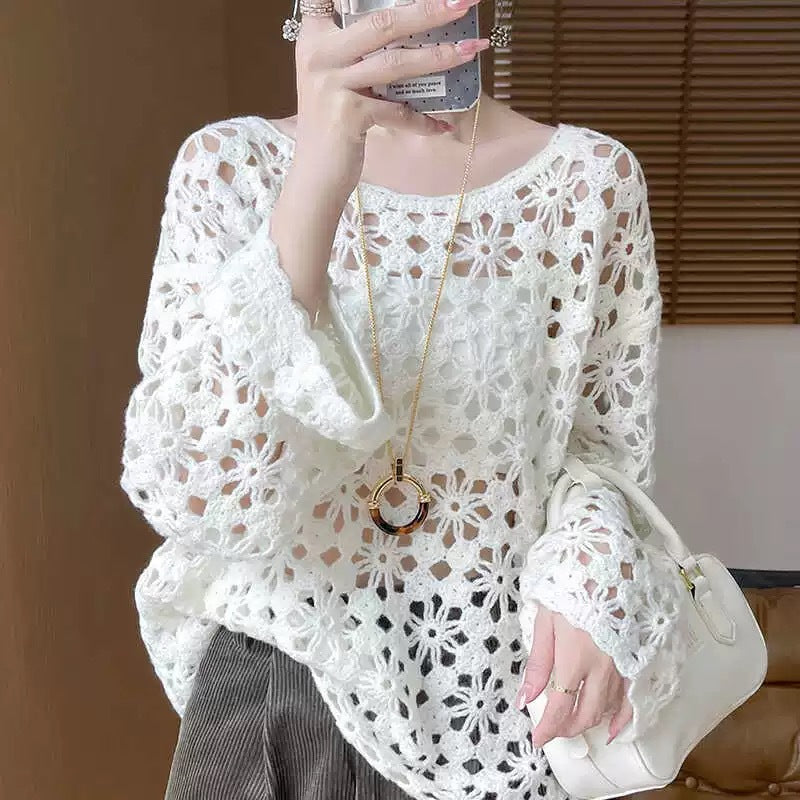 Early Autumn Crochet Hollow Solid Color V Lazy Style Soft Wool Knitted Pullover Top Slimming