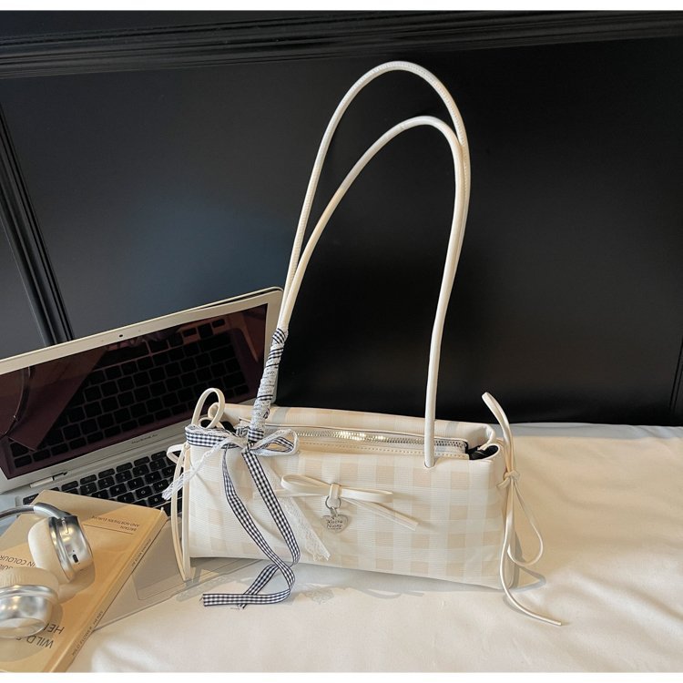 Dopamine Plaid Handbag Small Tote Bag for Women Summer2025New Ballet Style Bow Baguette Bag Underarm Bag Trendy
