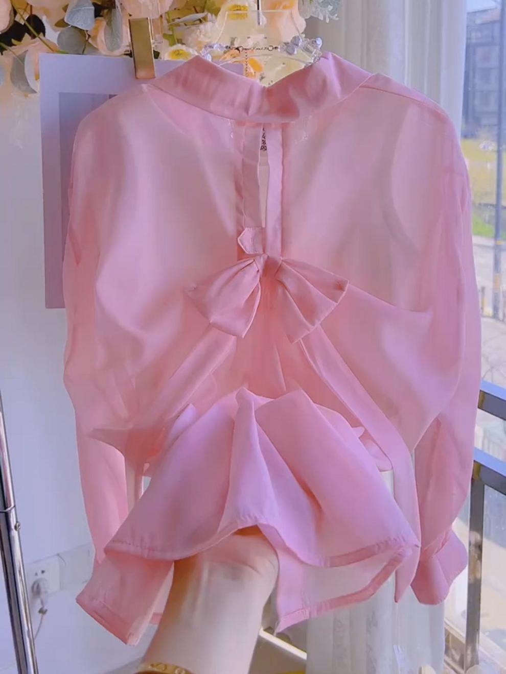 2025Summer Gentle Sweet Back Bow Pearl Sunscreen Blouse for Women Thin Sheer Chiffon Shirt Top