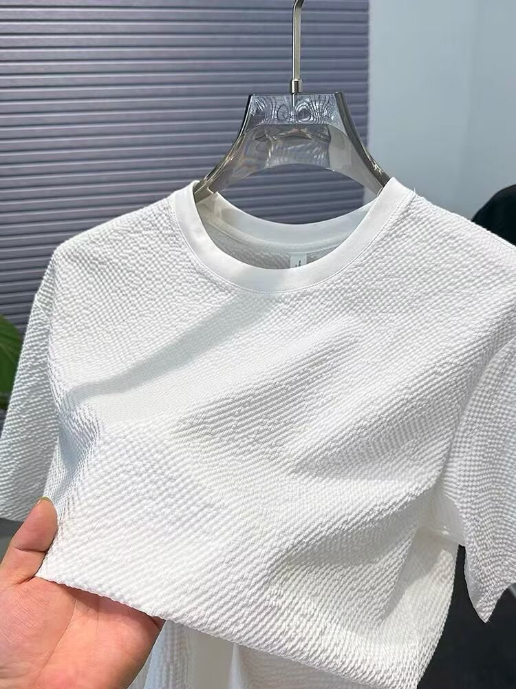 Summer New Bubble Gauze Texture High-end T Loose Round Neck Men's Short Sleeve T-Shirt T Solid Color Short Sleeve Versatile Top