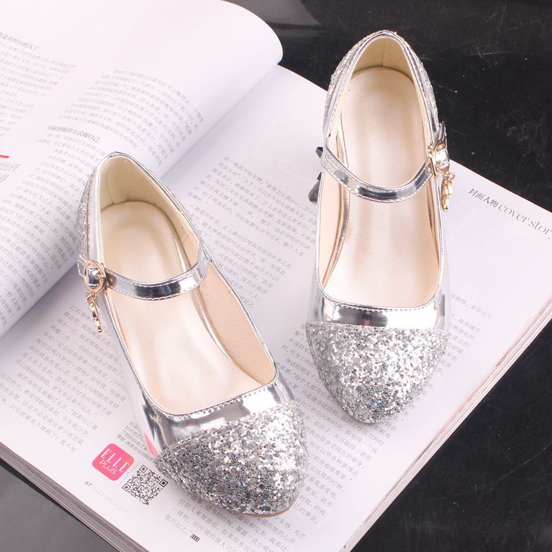 Girls' Leather Shoes Korean Style High Heel Princess Shoes Frozen Silver Children's Dance Shoes Elsa Shoes Summer