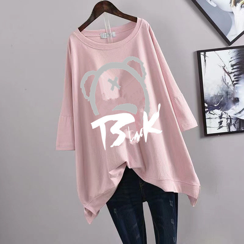 200Plus Size Women's Summer Leaf Print Casual Split Mid-Length Short Sleeve Dress T Women's Loose Fit Plus Size Shirt