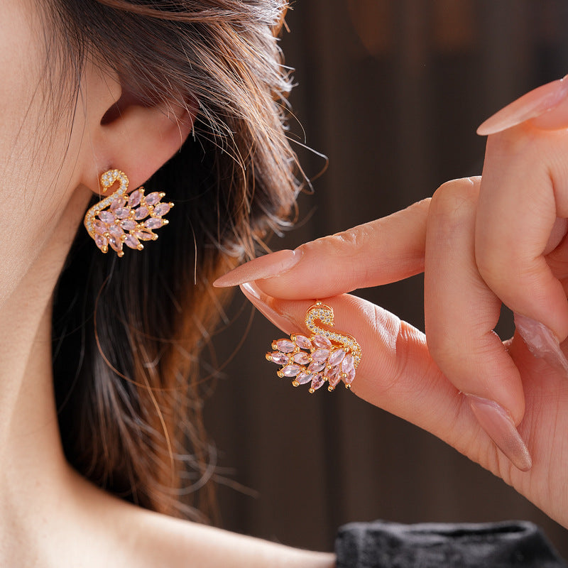 Real Gold Plated Silver Needle Zircon Swan Earrings Niche Light Luxury Exquisite ins Earrings with a high-end feel versatile for women