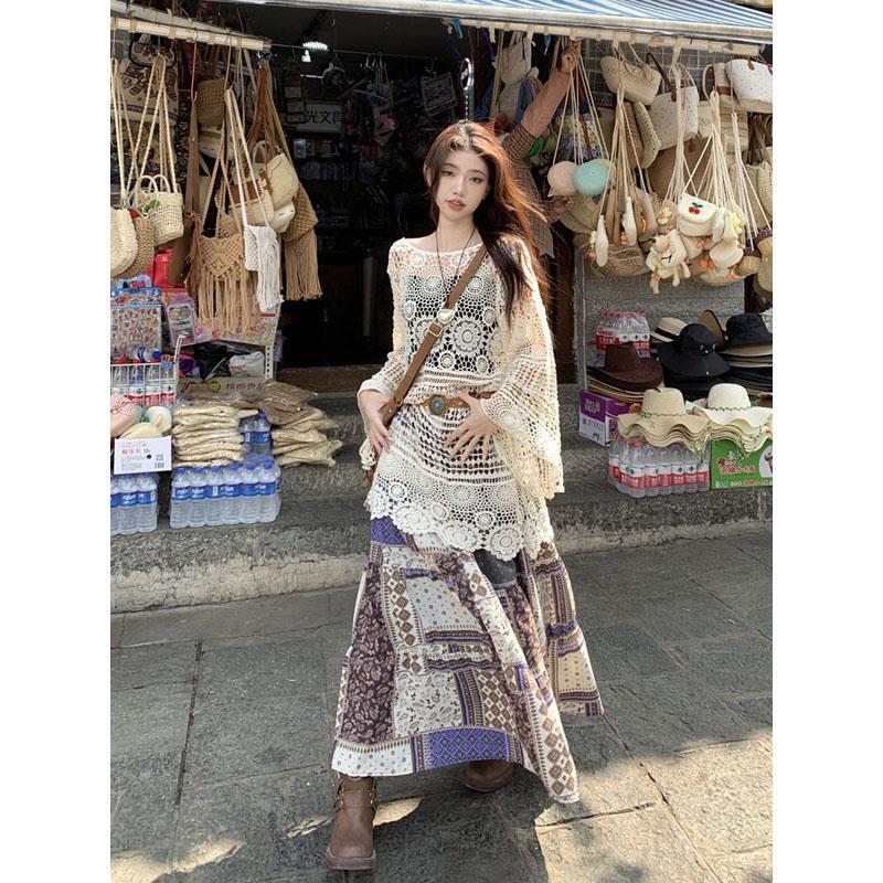 Bohemian Vacation Style Set Dress for Women Summer Hollow Out Sun Protection Knitted Cover-Up Printed Skirt Two-Piece Set