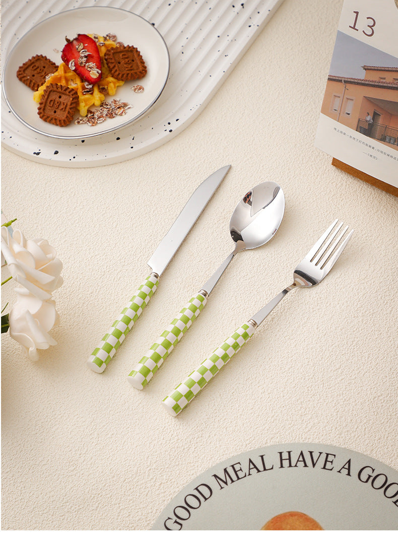 ins Checkerboard Pattern Western Steak Knife and Fork Ceramic Handle Stainless Steel Fork Spoon Dessert Cutlery Set Three-Piece Set