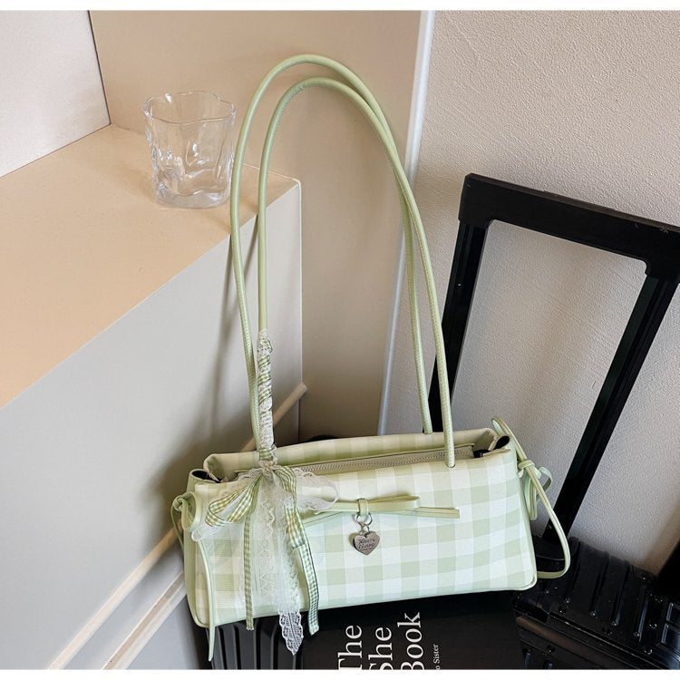 Dopamine Plaid Handbag Small Tote Bag for Women Summer2025New Ballet Style Bow Baguette Bag Underarm Bag Trendy