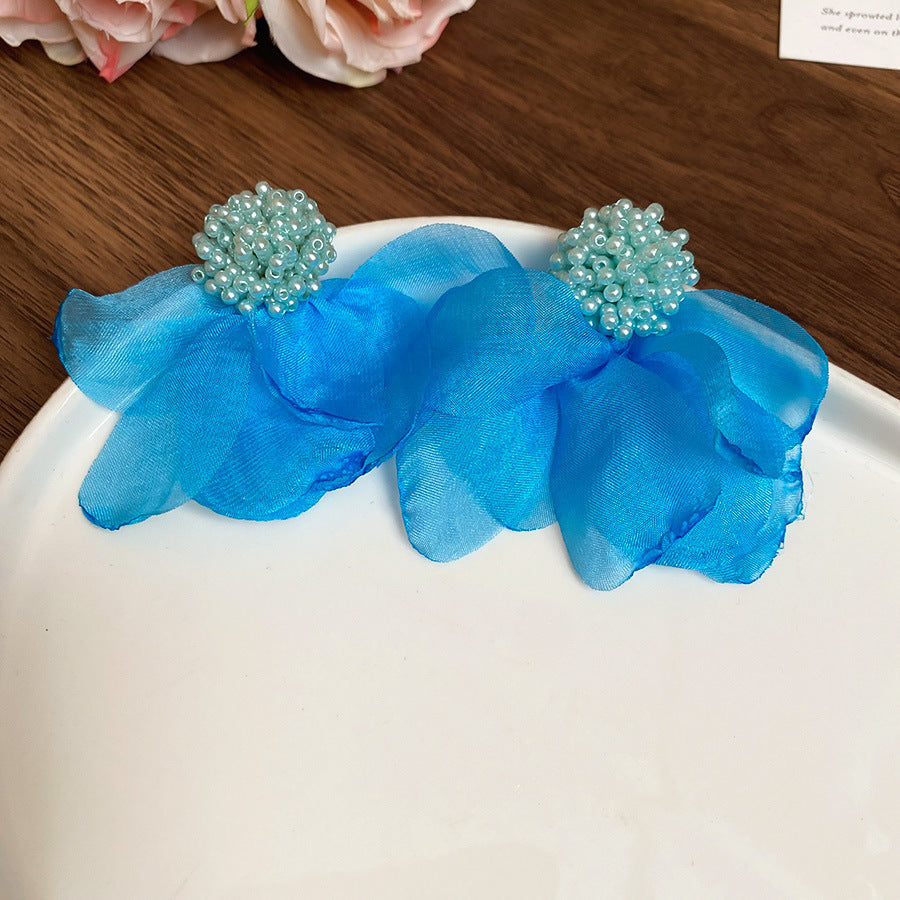 Resort Style Silver Needle Fabric Flower Tassel Earrings High-End Fashion Earrings Bohemian Sweet Exaggerated Ear Jewelry