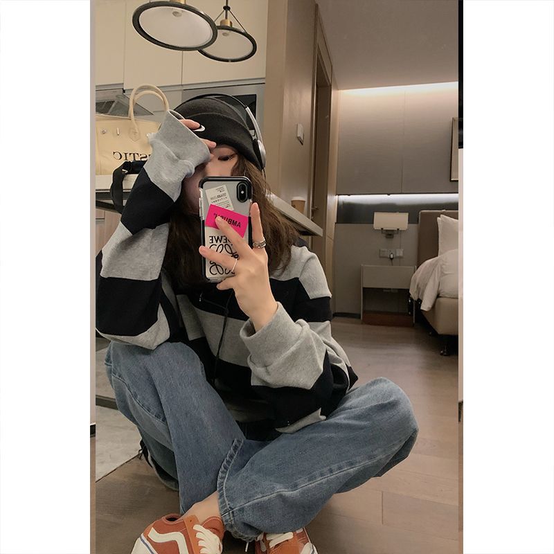 Striped Sweatshirt for Back-to-School Season Spring and Autumn oversize Black and Gray Women Slimming Loose Lazy Couple Student ins Tide