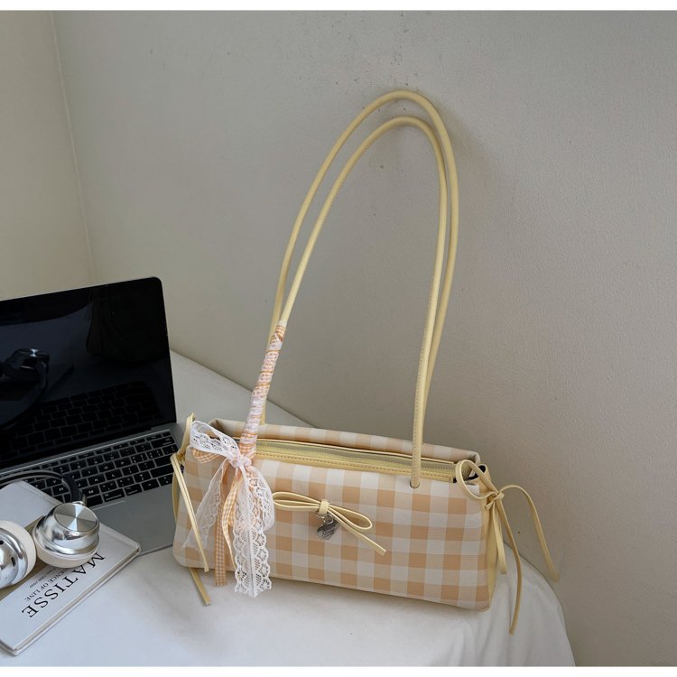 Dopamine Plaid Handbag Small Tote Bag for Women Summer2025New Ballet Style Bow Baguette Bag Underarm Bag Trendy