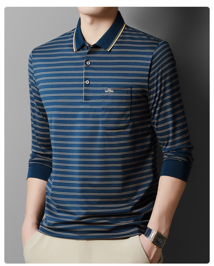 Autumn Men's Long Sleeve Cotton t Shirt for Middle-aged Dad Autumn Outfit with Turn-down Collar and Stripes POLO Base Layer Shirt T Grandpa's clothes