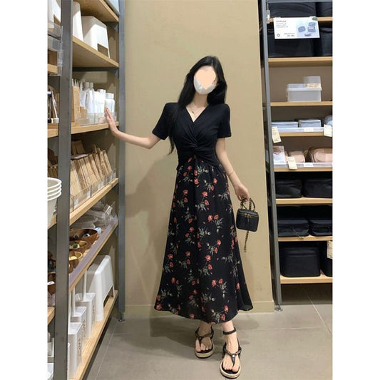 Plus Size Women's Tea Break French Style Dress Summer Hepburn Style Fake Two-Piece Floral Dress Slimming Waist Dress