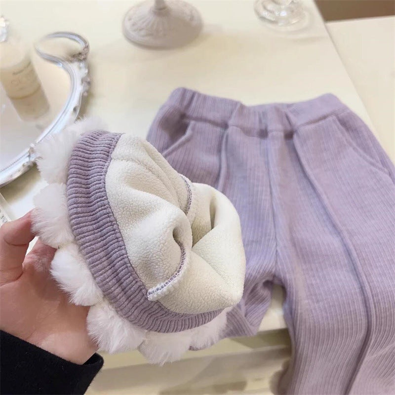 Girls Winter Two-Piece Set New Korean Fashion Baby Cardigan Knitted Autumn Winter Sweater Jacket Fleece-Lined Long Pants