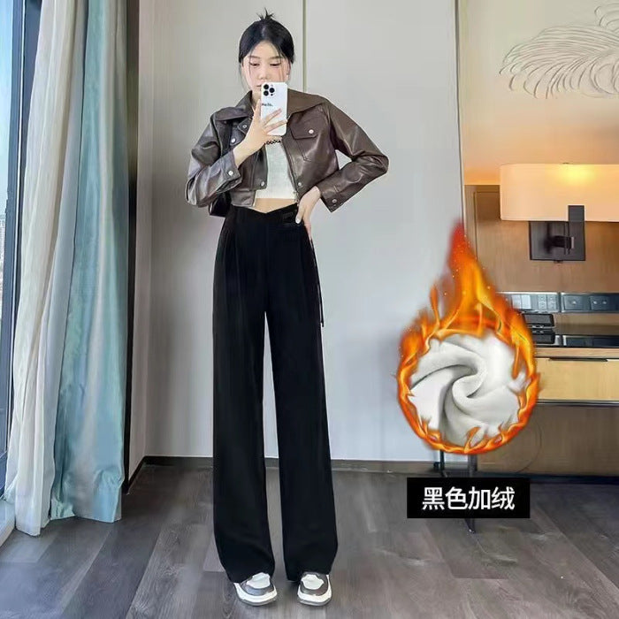 Maillard2025Autumn Winter New Chinese Style Buttoned Fleece Chenille Wide-Leg Pants for Women High Waist Draped Straight-Leg Casual Pants