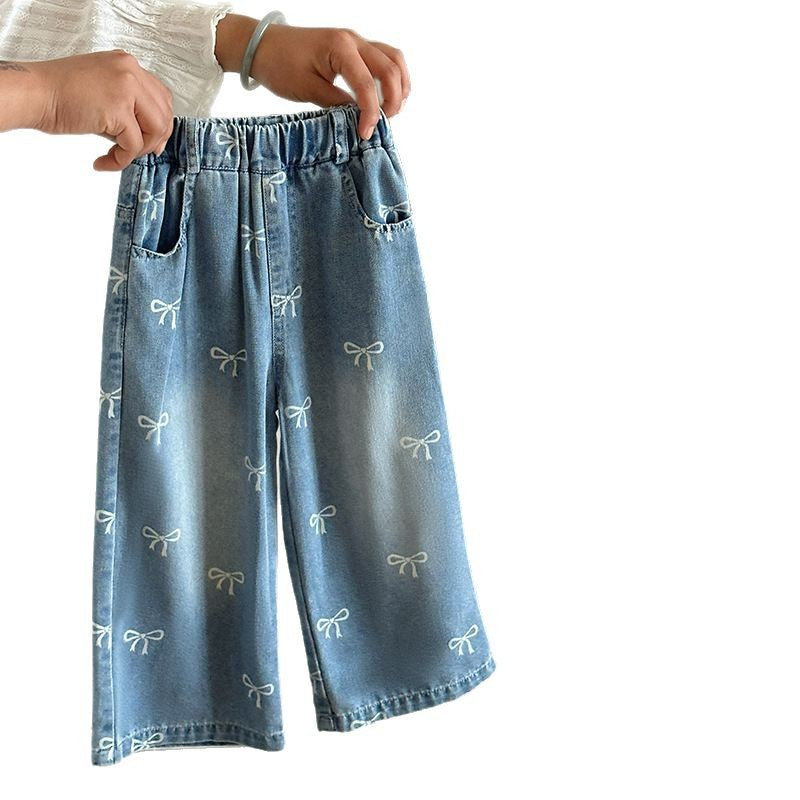 Girls' Pants Bowknot Print Jeans Wide Leg Straight2025Autumn New Fashionable and Stylish for Girls and Young Children