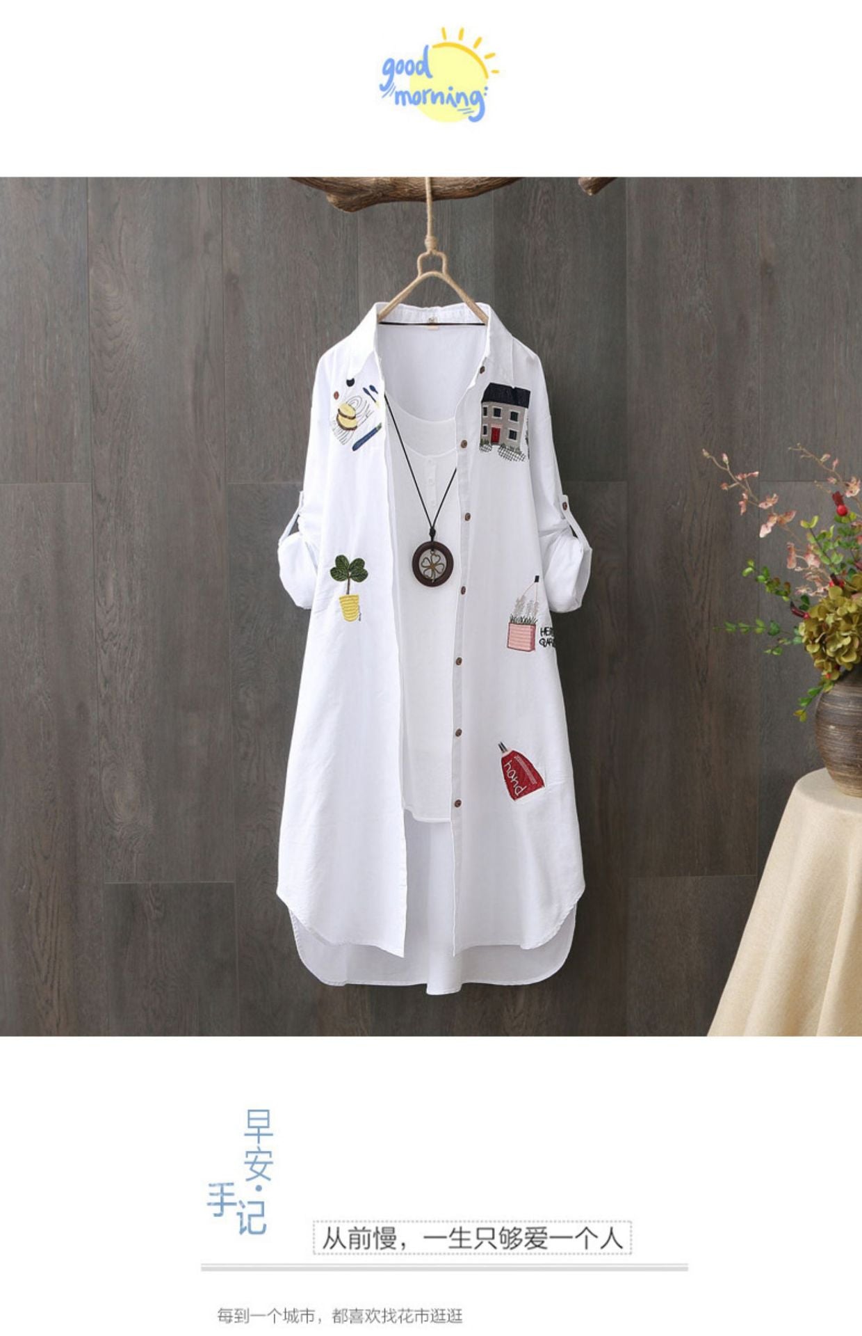 In Stock Japanese and Korean Style Spring Summer Two-Way Cotton Shirt for Women Loose Mid-Length Top Artistic Embroidery Short Sleeve Jacket