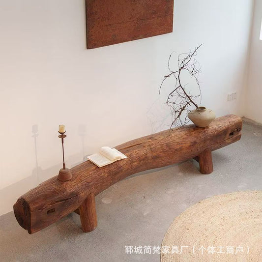 Old Elm Wood Long Bench Solid Wood Weathered Round Wood Stump Stool Old Elm Wood Long Chair Scenic Area Rest Shoe Changing Bench