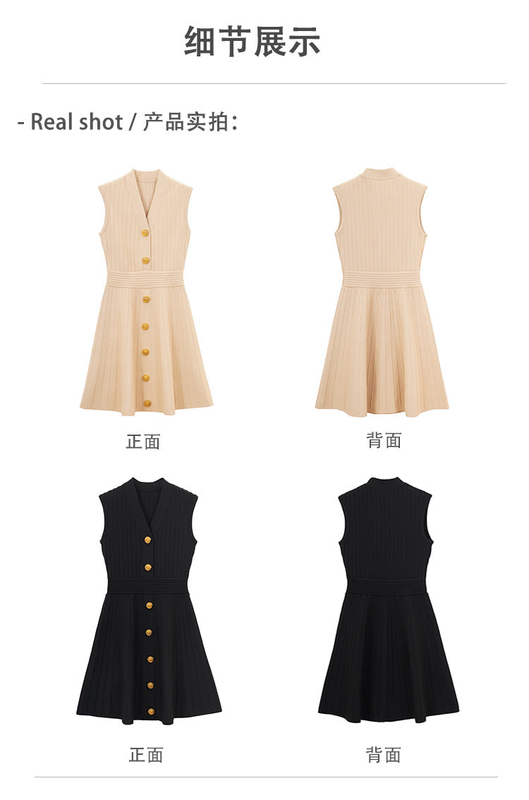 Amphiona2025New Style with a Sense of Luxury V Collar Sleeveless A Slim Fit Waist Cinching Gold Button Striped Knitted Dress