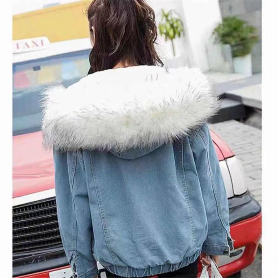 In-stock Short Cotton Jacket2025Winter Fleece-Lined New Cotton Jacket Loose Korean Style Denim Fur Collar Thickened Coat for Women
