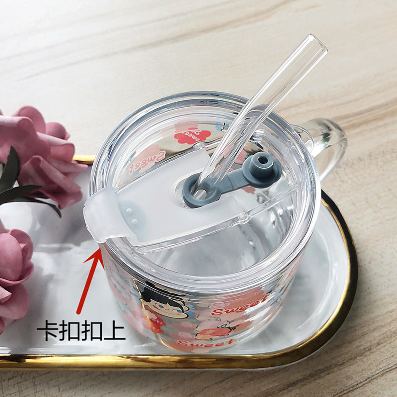 ins Glass Cup with Straw Milk Breakfast Cup Cute Cartoon Graduated Cup with Lid Spoon Gift Customization logo