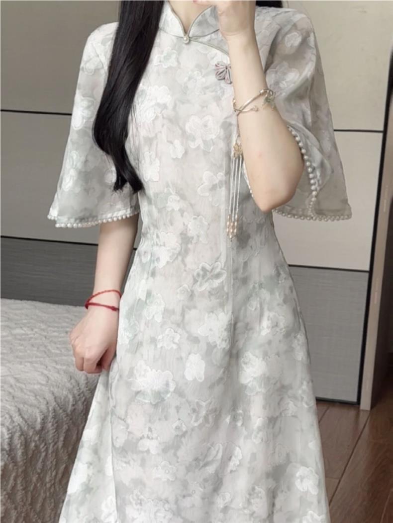 Matcha2024New Summer Style Fresh Elegant Improved Cheongsam Long Daily Youth Dress