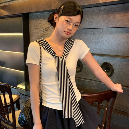 White navy collar short sleeve t Women's Shirt with Regular Shoulder2025Summer Design Sense Outfit V Collared Slim Fit Short Top