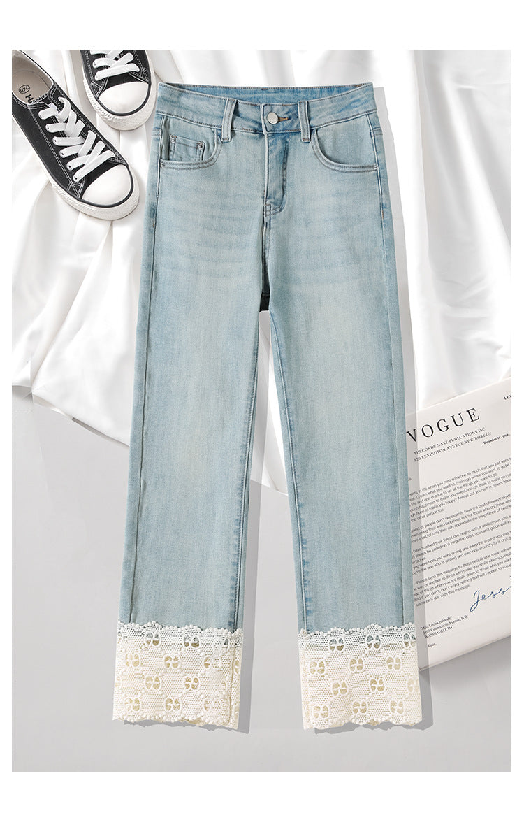 ins Women's Summer Mesh Straight Jeans2025New High-Waisted Slimming Elegant Petite Nine-Point Cigarette Pants
