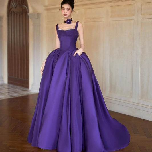 Purple suspender elegant evening dress for birthday party and coming-of-age ceremony2025New Sleeveless Long Dress Satin Elegant Gown