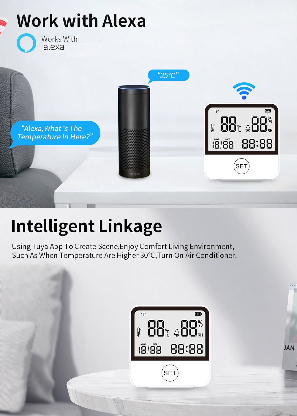 Tuya Graffiti wifi Bluetooth temperature and humidity meter detector indoor WIFI Temperature and Humidity Detector WiFi Sensor