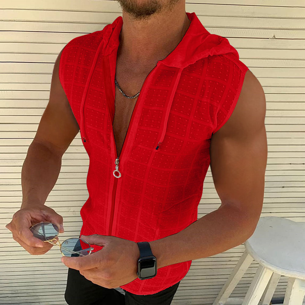 Short Sleeve Hooded Zip Cardigan T Men's T-shirt2023Summer New Fashion Plaid Sleeveless t Men's T-shirt Polo Collar Top