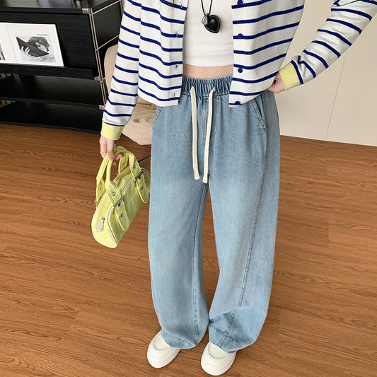 Tencel Jeans for Women Summer Thin Elastic Waist High Waist Draped Large Size Loose Straight Side Seam Front-Moved Wide-Leg Pants