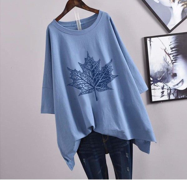 200Plus Size Women's Summer Leaf Print Casual Split Mid-Length Short Sleeve Dress T Women's Loose Fit Plus Size Shirt