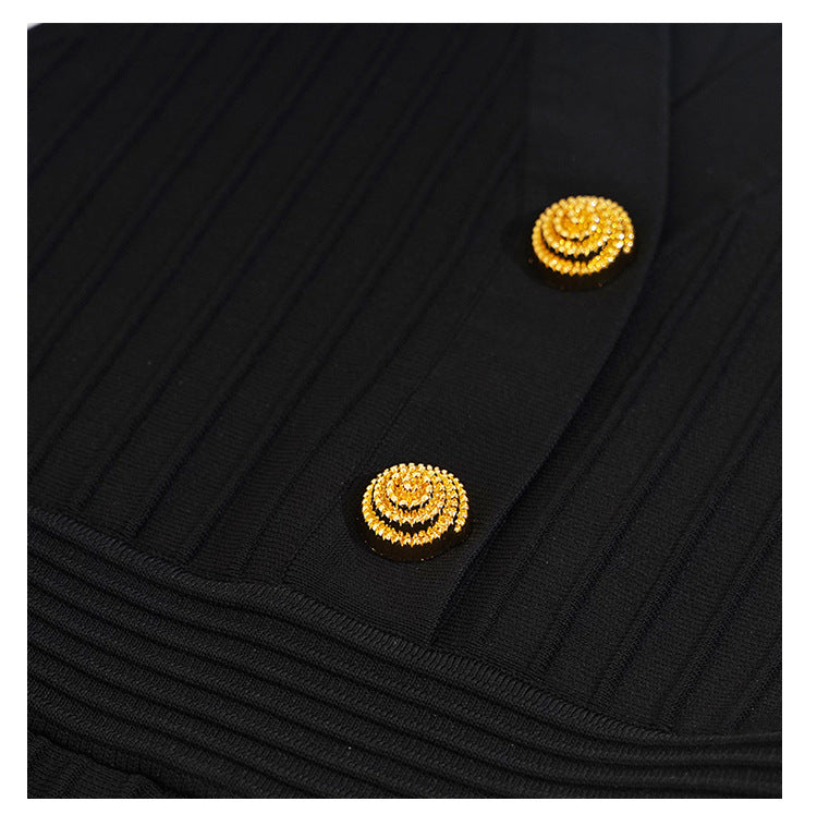 Amphiona2025New Style with a Sense of Luxury V Collar Sleeveless A Slim Fit Waist Cinching Gold Button Striped Knitted Dress