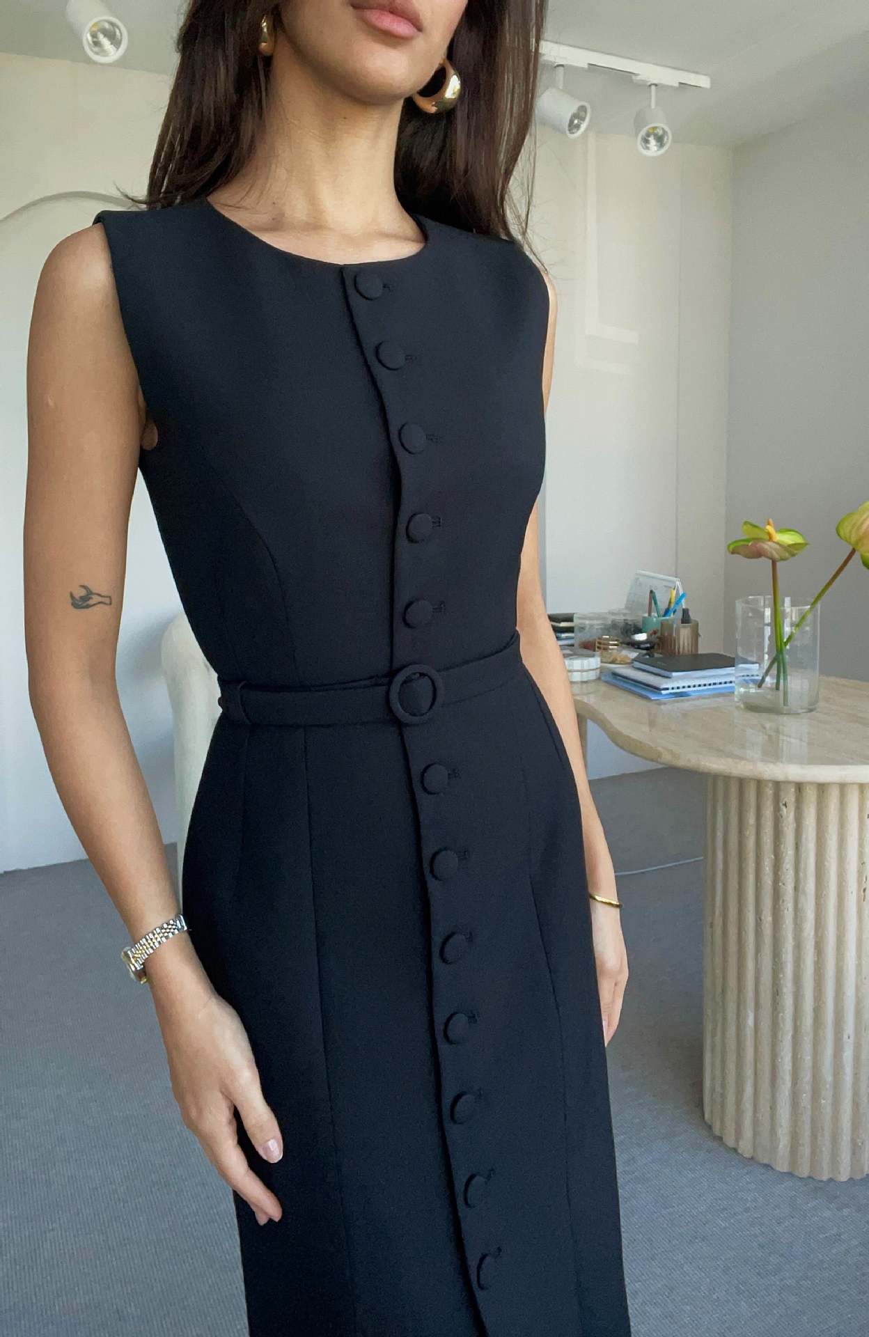 2025Summer New European and American Amazon Cross-Border Women's Solid Color Round Neck Sleeveless Single-Breasted Multi-Button Elegant Dress