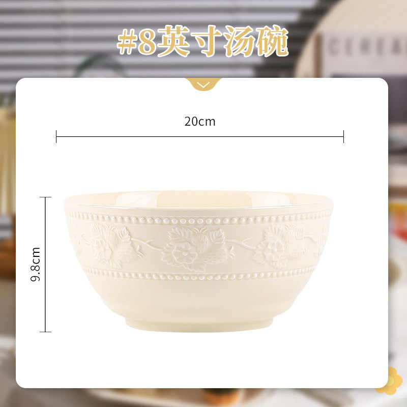 French Style Tableware Bowl and Plate Set for Home Use, High Aesthetic Value for Girls, Cute Ceramic Bowl Set, New Embossed Tableware