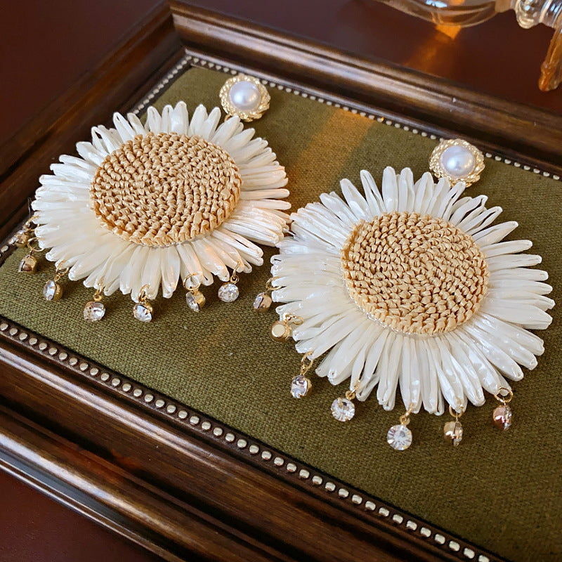 Resort Style Silver Needle Fabric Flower Tassel Earrings High-End Fashion Earrings Bohemian Sweet Exaggerated Ear Jewelry