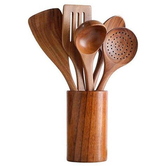 Acacia Wood Spatula Teak Wood Spatula and Spoon Set Solid Wood Household Cooking Spoon Strainer Spoon Small Leaf Three-Line Frying Spatula In Stock