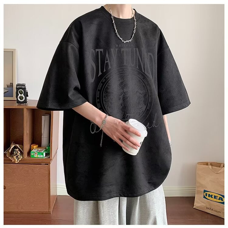 2025New Faux Suede Short Sleeve Men's Summer New American Style Heavyweight Trendy Loose Half Sleeve T Trendy Five-Sleeve Shirt