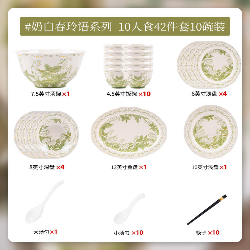 Lily of the Valley Bowl and Plate Set Household Ceramic Tableware Set Pastoral Style High-Value Underglaze Color Vegetable Plate Soup Plate Bowl and Chopsticks