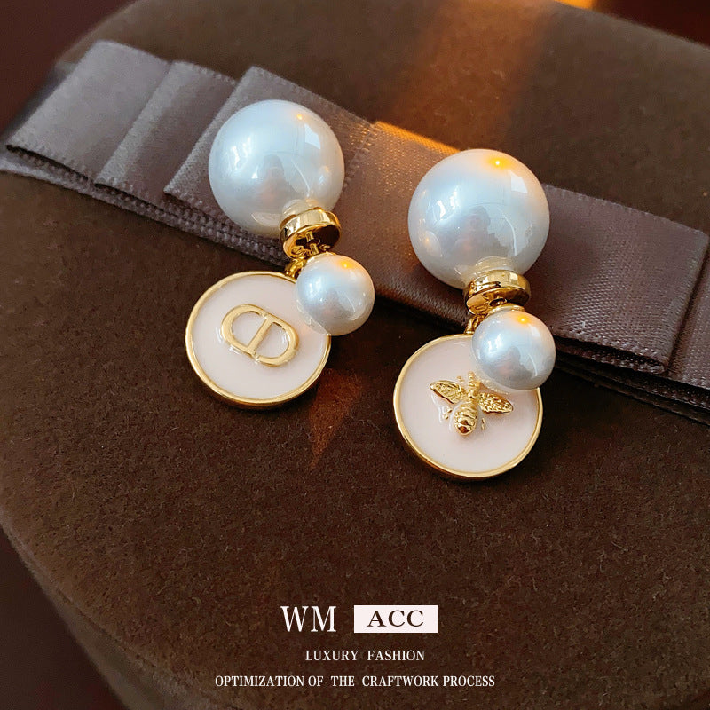 Real Gold Plated Silver Needle Oil Drop Pearl Earrings Versatile High-End Two-Way Wear Earrings French Retro Light Luxury Ear Jewelry
