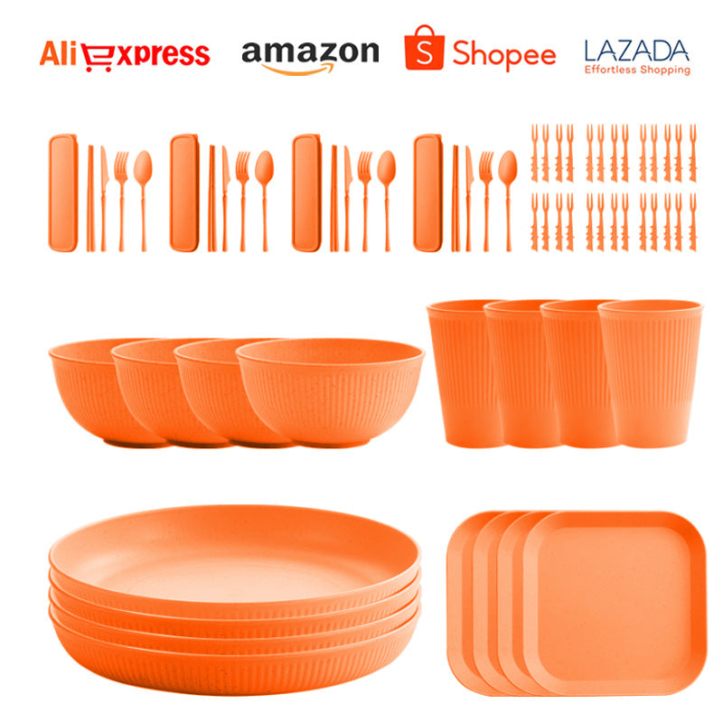 TEMU Amazon Wheat Straw Plate Bowl Cup Tableware Set Household Dining Plate Rice Bowl Water Cup Tableware Set Eco-friendly