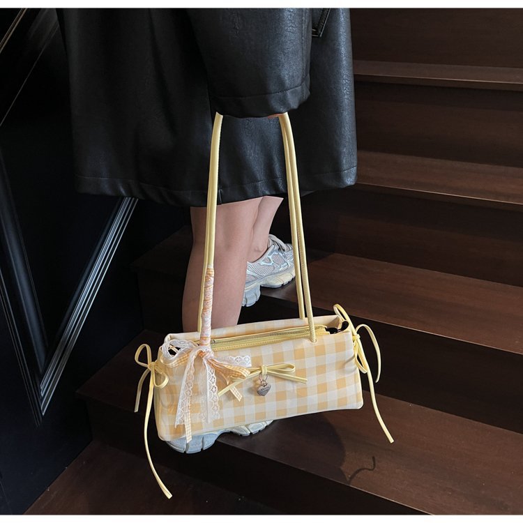 Dopamine Plaid Handbag Small Tote Bag for Women Summer2025New Ballet Style Bow Baguette Bag Underarm Bag Trendy