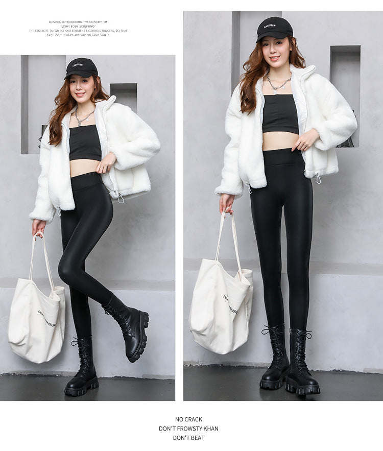 PU Women's Leather Pants Autumn Winter Long Pants Base Pants Fleece Lined Thickened High Waist Slimming Windproof Waterproof Outdoor Wear Wholesale
