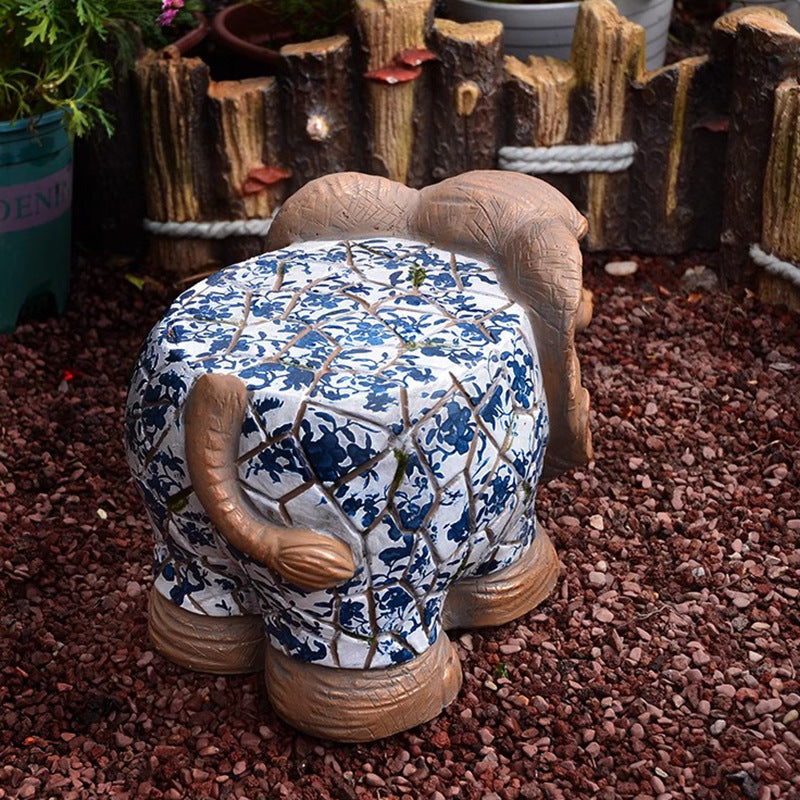 Cartoon Courtyard Animal Decoration Ornament Blue and White Elephant Stump Courtyard Garden Flower Pot Base Balcony Outdoor Chair