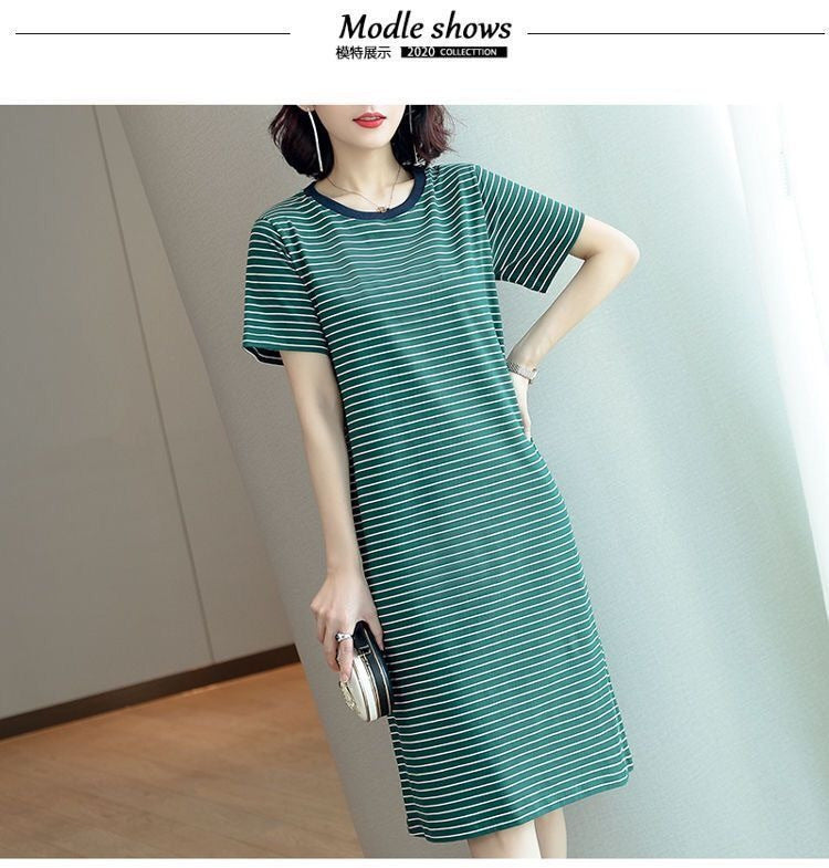 Summer Waist-Cinching Dress Plus Size Middle-Aged and Elderly Mom Outfit Mid-Length Striped Short Sleeve T Women's T-shirt Skirt Cross-Border Wholesale